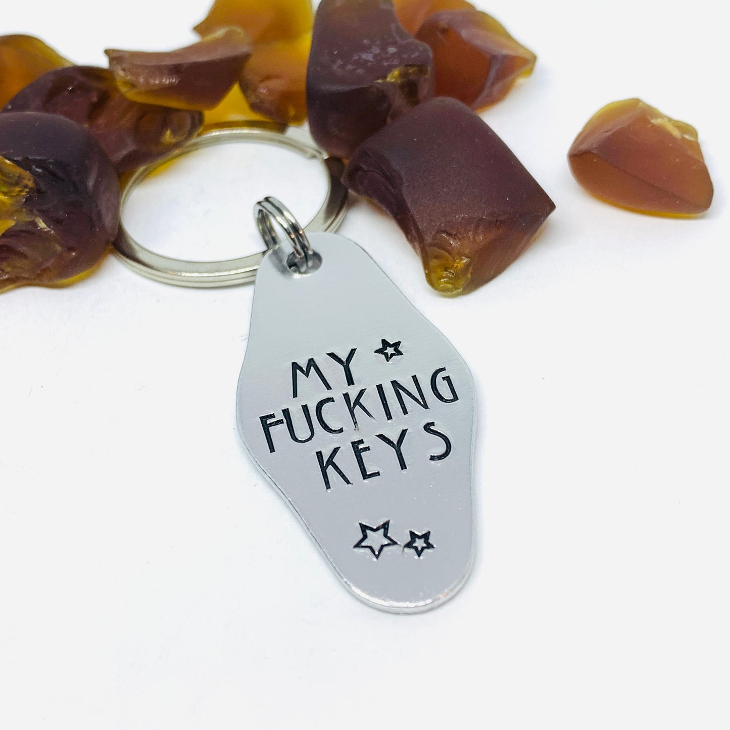 MY FUCKING KEYS Hand-Stamped Metal Keychain | Funny & Sarcastic Retro Motel Key Tag | Housewarming Gift | New Driver Gift