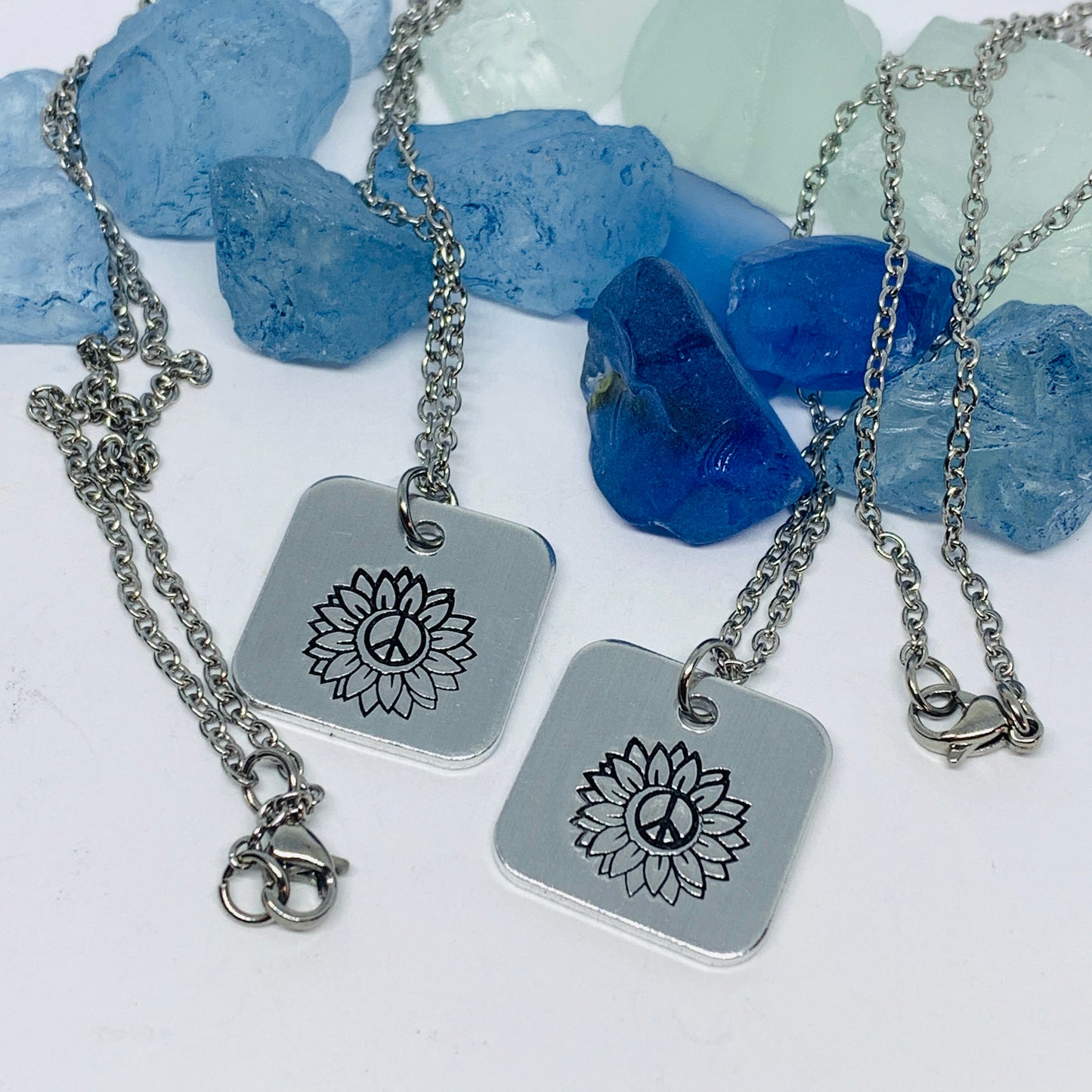 Sunflower - Hand Stamped Necklace | Hand-painted Ukrainian Sunflower Designs | Sunflower Peace | No War | Swarovski Crystal | Solidarity