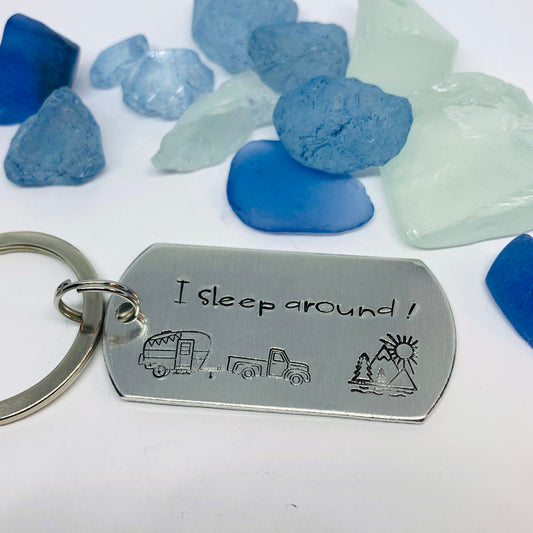 I Sleep Around Camping Fun Keyring | Hand Stamped Metal Keyring | Humorous Gift for Outdoors Lovers | Hikers Keychain Gift | Camper’s Life Gift Idea