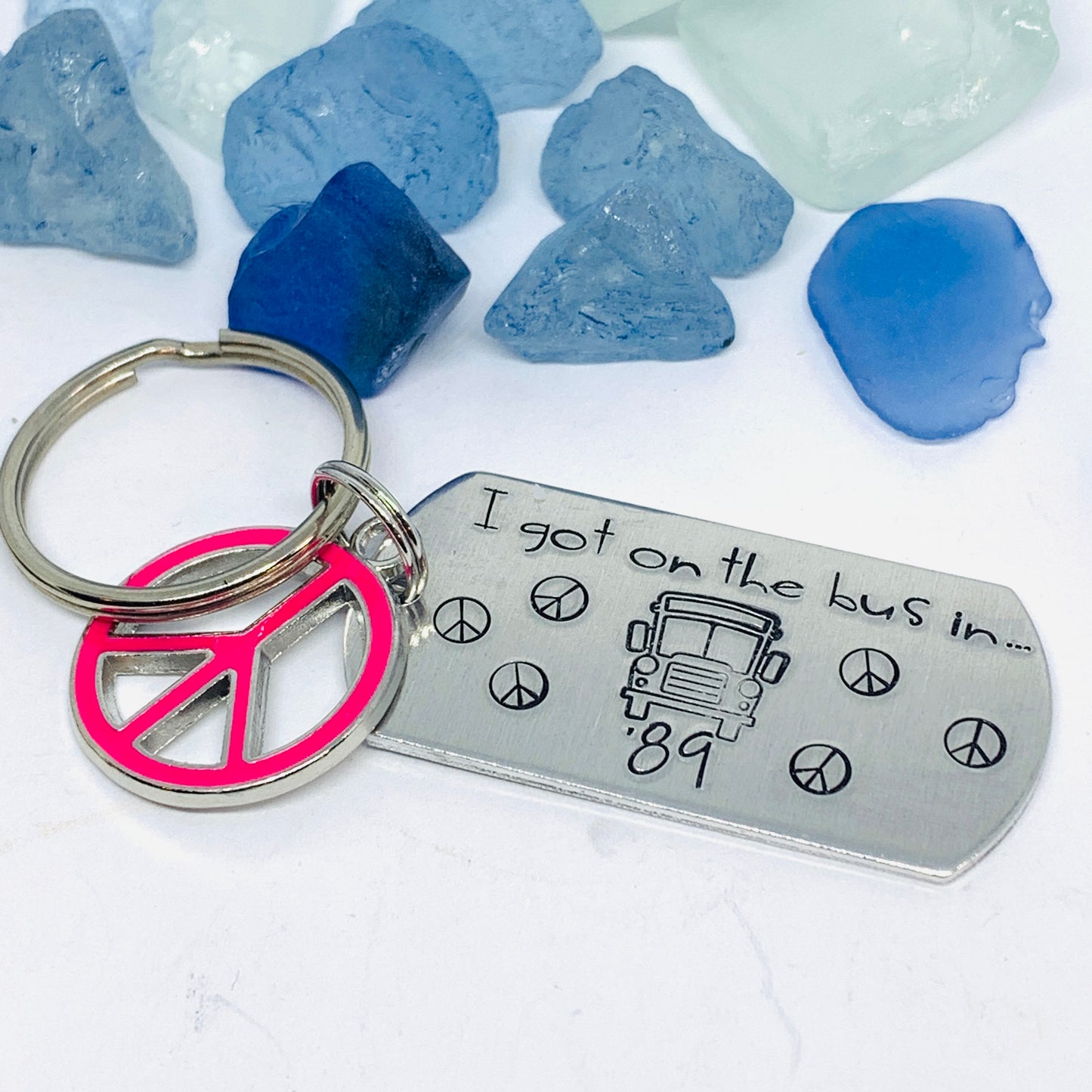 I got on the bus in … (year) Keyring | Hand Stamped Metal Keyring | Grateful Dead Themed Gift for Dead Heads | School Bus |  Groupies Gift Idea |