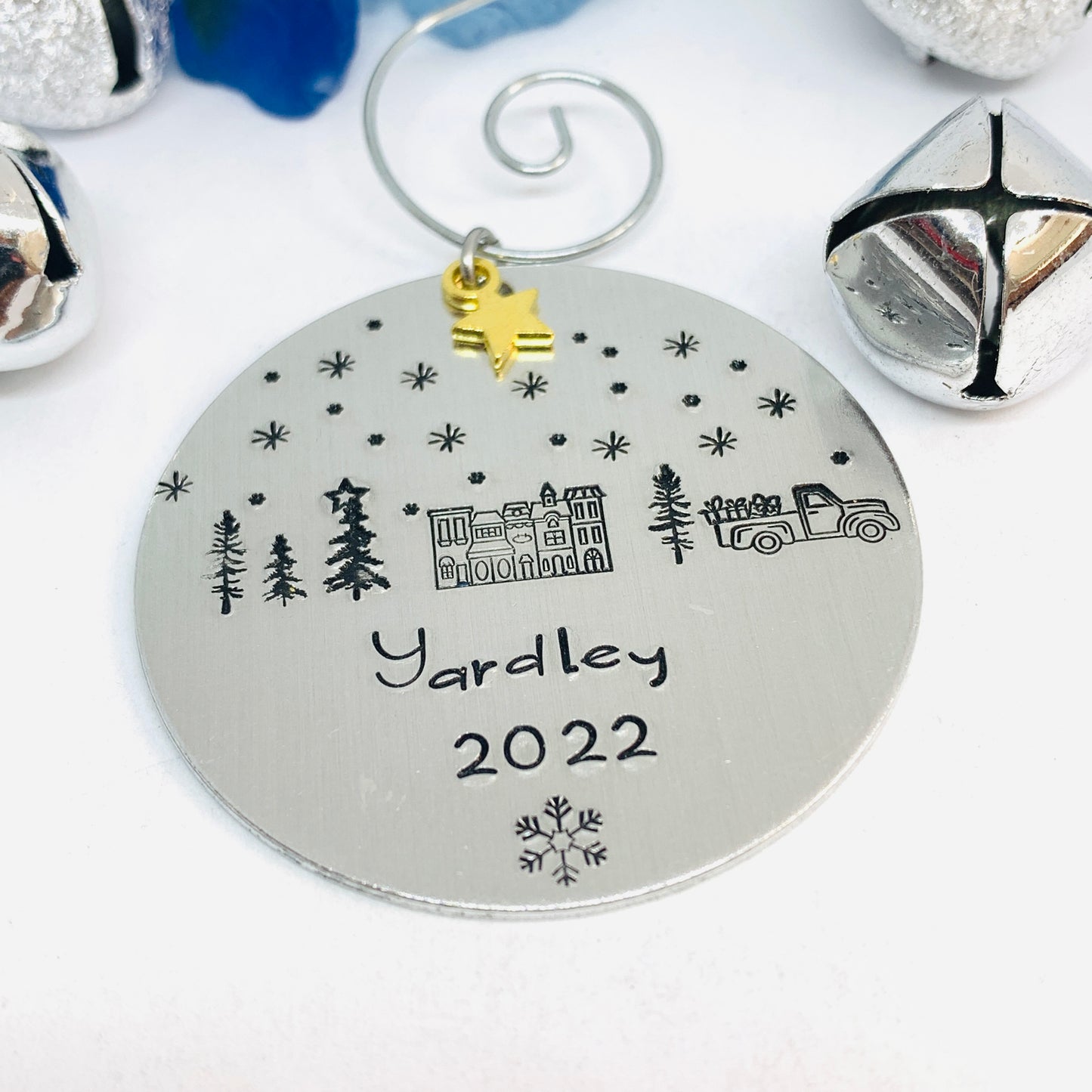 Home Town Hand Stamped Ornament | Aluminum Round Ornament | Christmas Ornament | Hand Crafted Tree Decor | Holiday Decoration