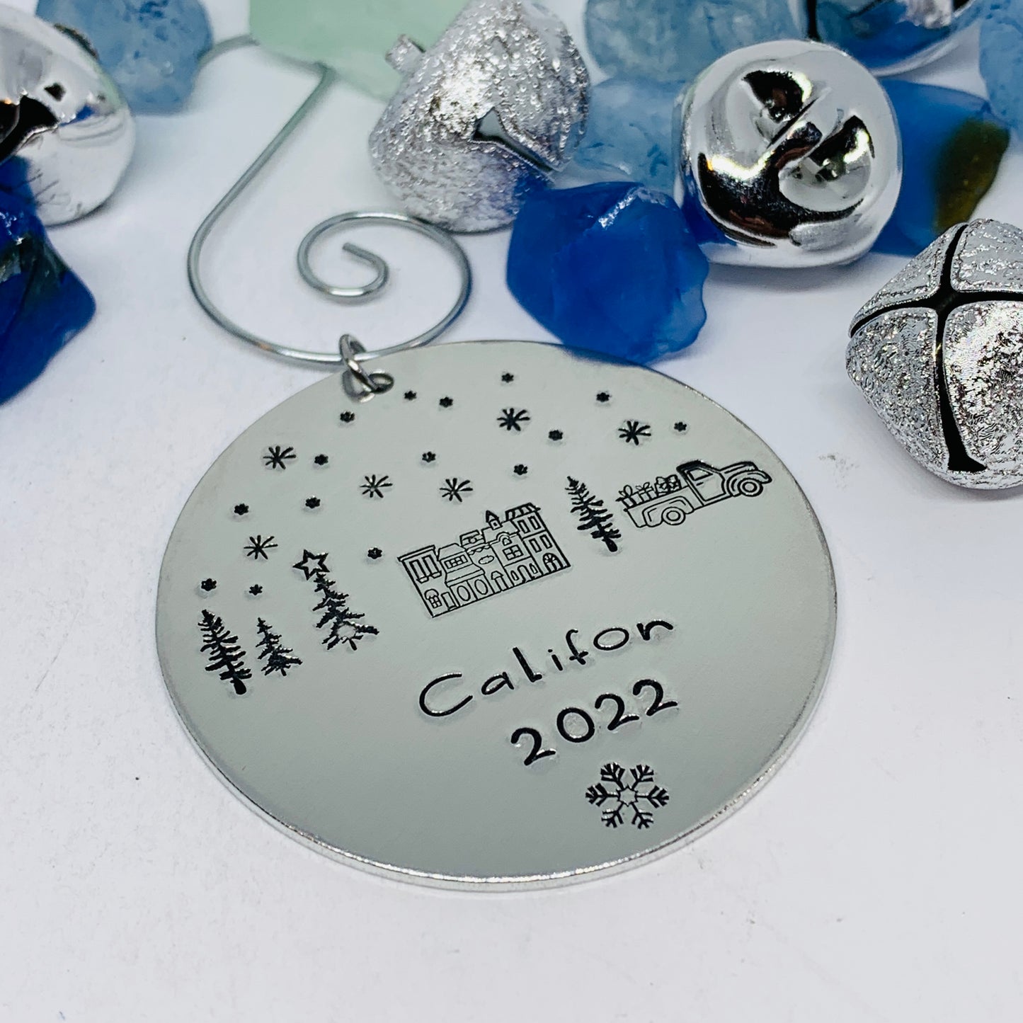 Home Town Hand Stamped Ornament | Aluminum Round Ornament | Christmas Ornament | Hand Crafted Tree Decor | Holiday Decoration