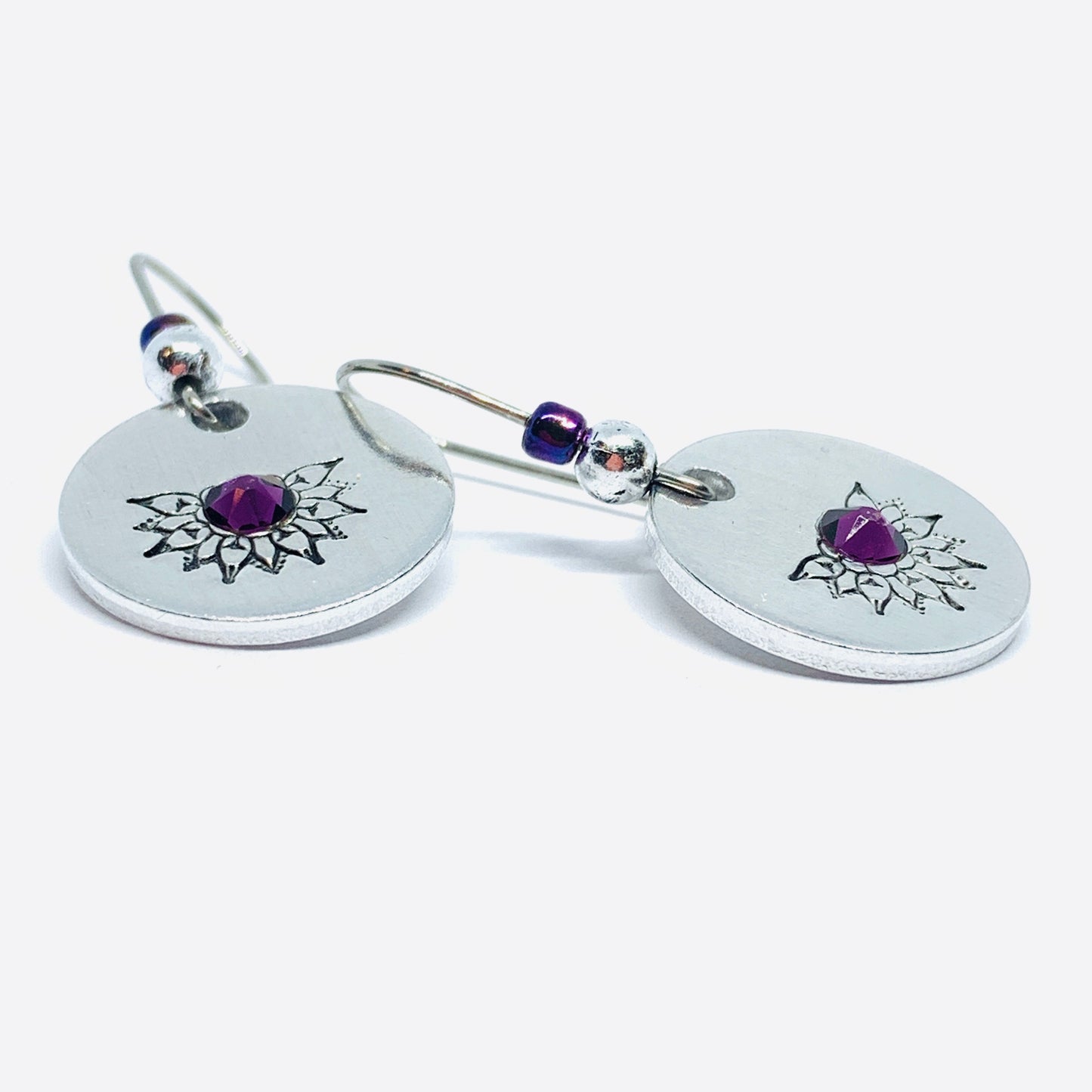 Intricate Mandala with Swarovski Crystals - Hand Stamped Earrings