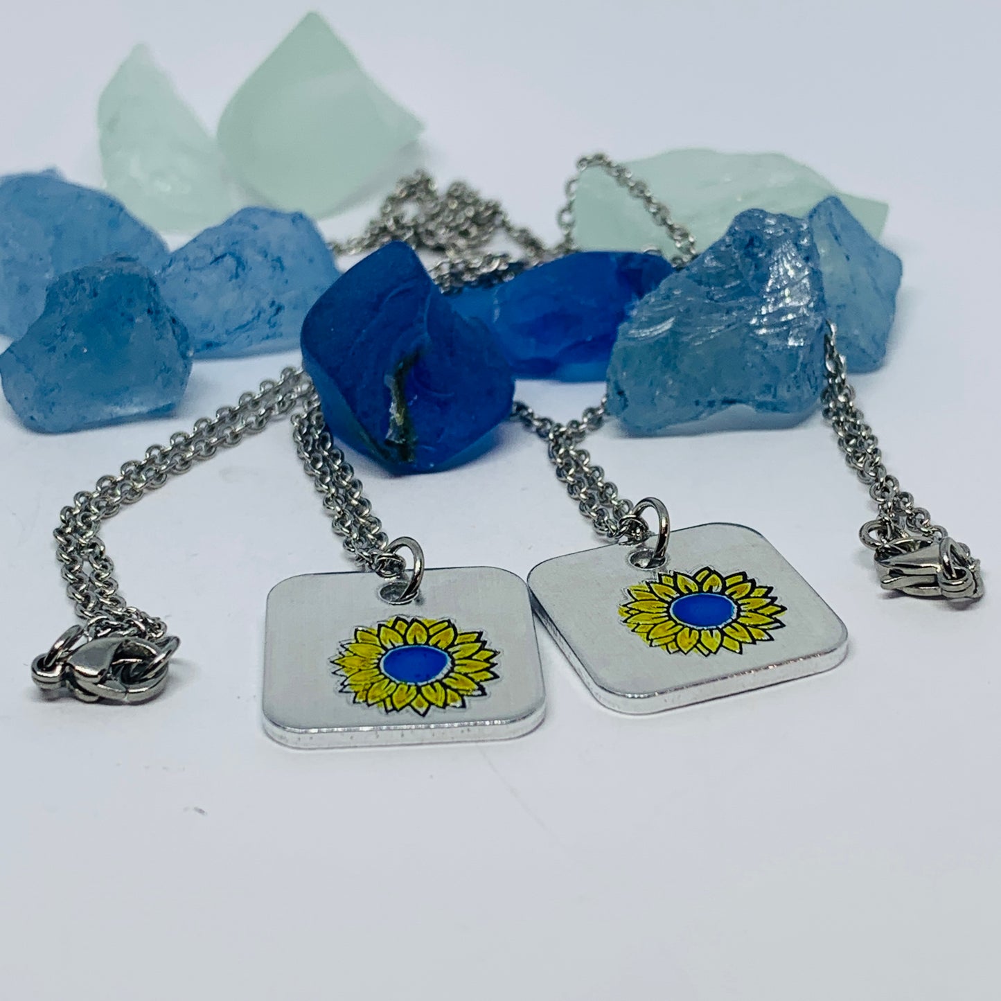 Sunflower - Hand Stamped Necklace | Hand-painted Ukrainian Sunflower Designs | Sunflower Peace | No War | Swarovski Crystal | Solidarity