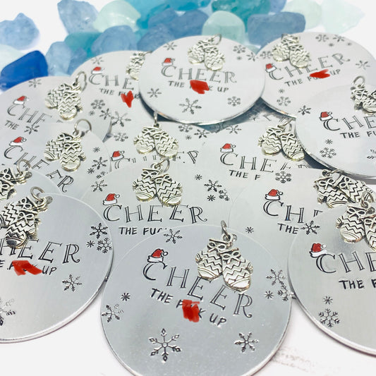 25 Cheer the Fuck Up Ornament | Snowflake Adult Christmas Tree | Mittens Charm | Hand Painted Hand Stamped Housewarming Gift | Santa Hat Design