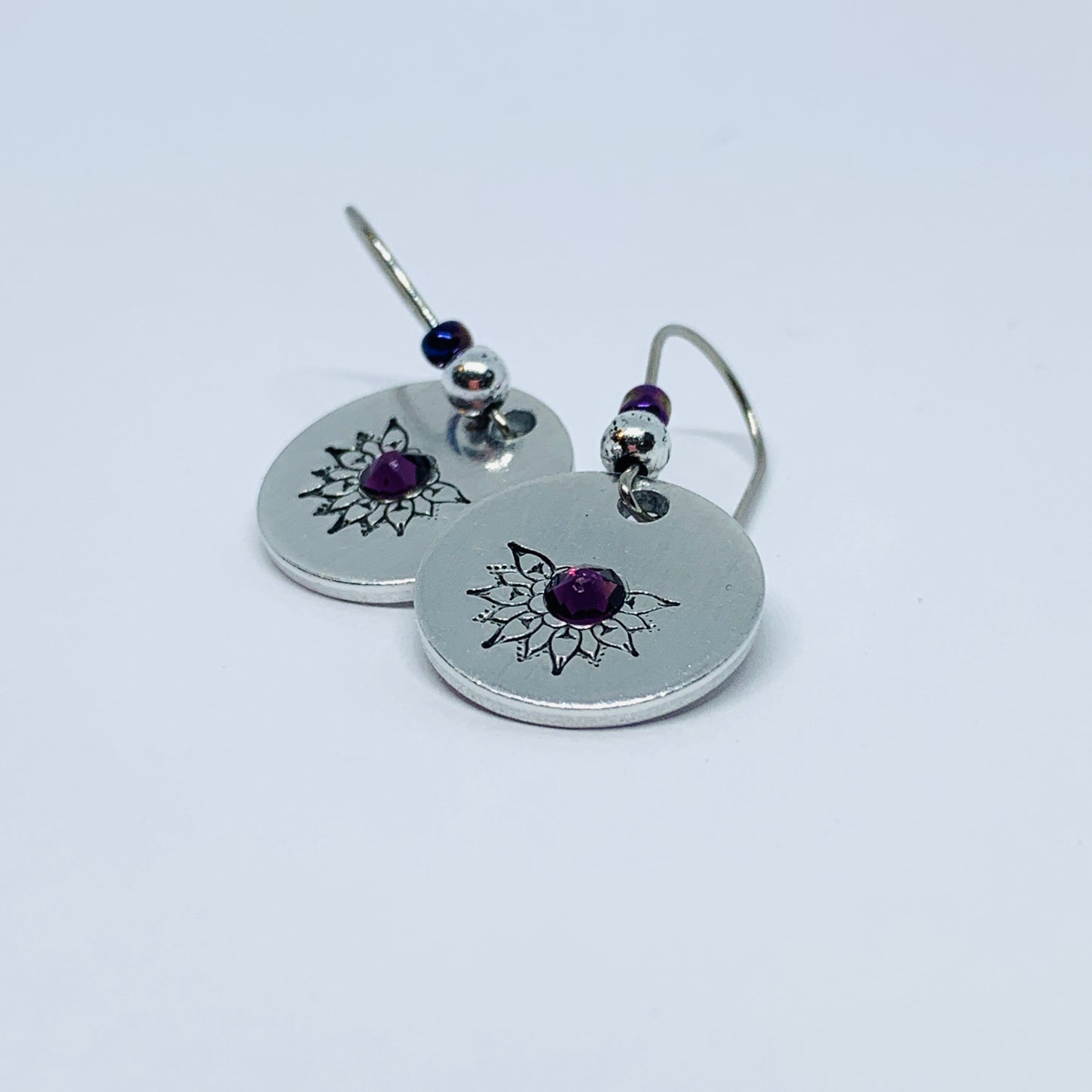 Intricate Mandala with Swarovski Crystals - Hand Stamped Earrings