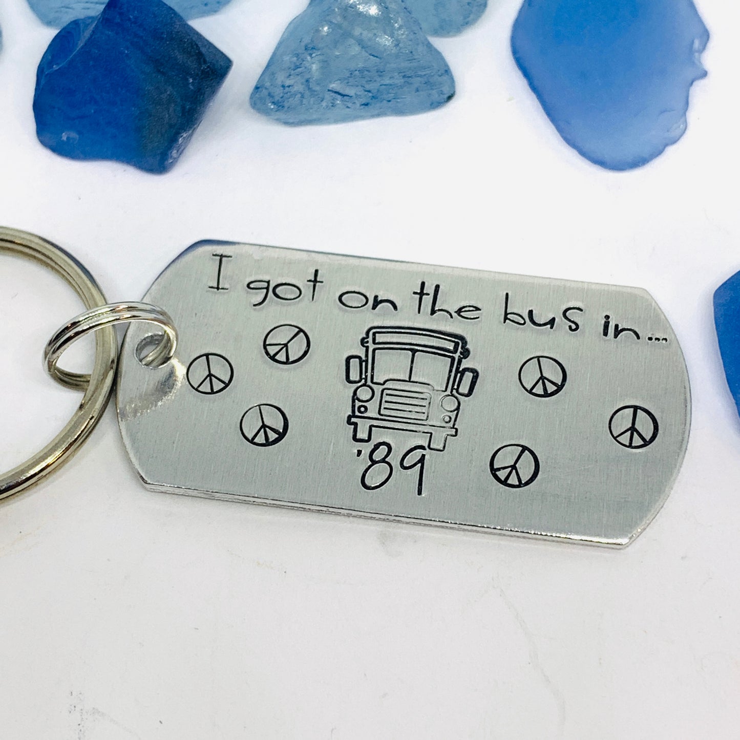 I got on the bus in … (year) Keyring | Hand Stamped Metal Keyring | Grateful Dead Themed Gift for Dead Heads | School Bus |  Groupies Gift Idea |