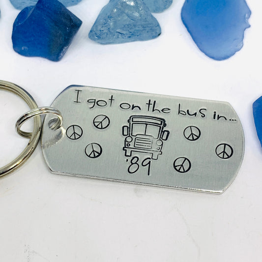 I got on the bus in … (year) Keyring | Hand Stamped Metal Keyring | Grateful Dead Themed Gift for Dead Heads | School Bus |  Groupies Gift Idea |