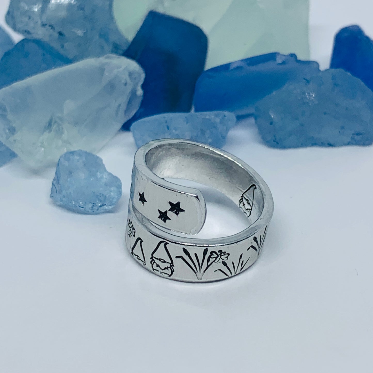 Gnome Garden Hand Stamped Wrap Ring | Gnome Ring | Garden Grass Gnome Firefly Ring | Moons Stars Gnomes Bees Grasses Fireflies | Fantasy