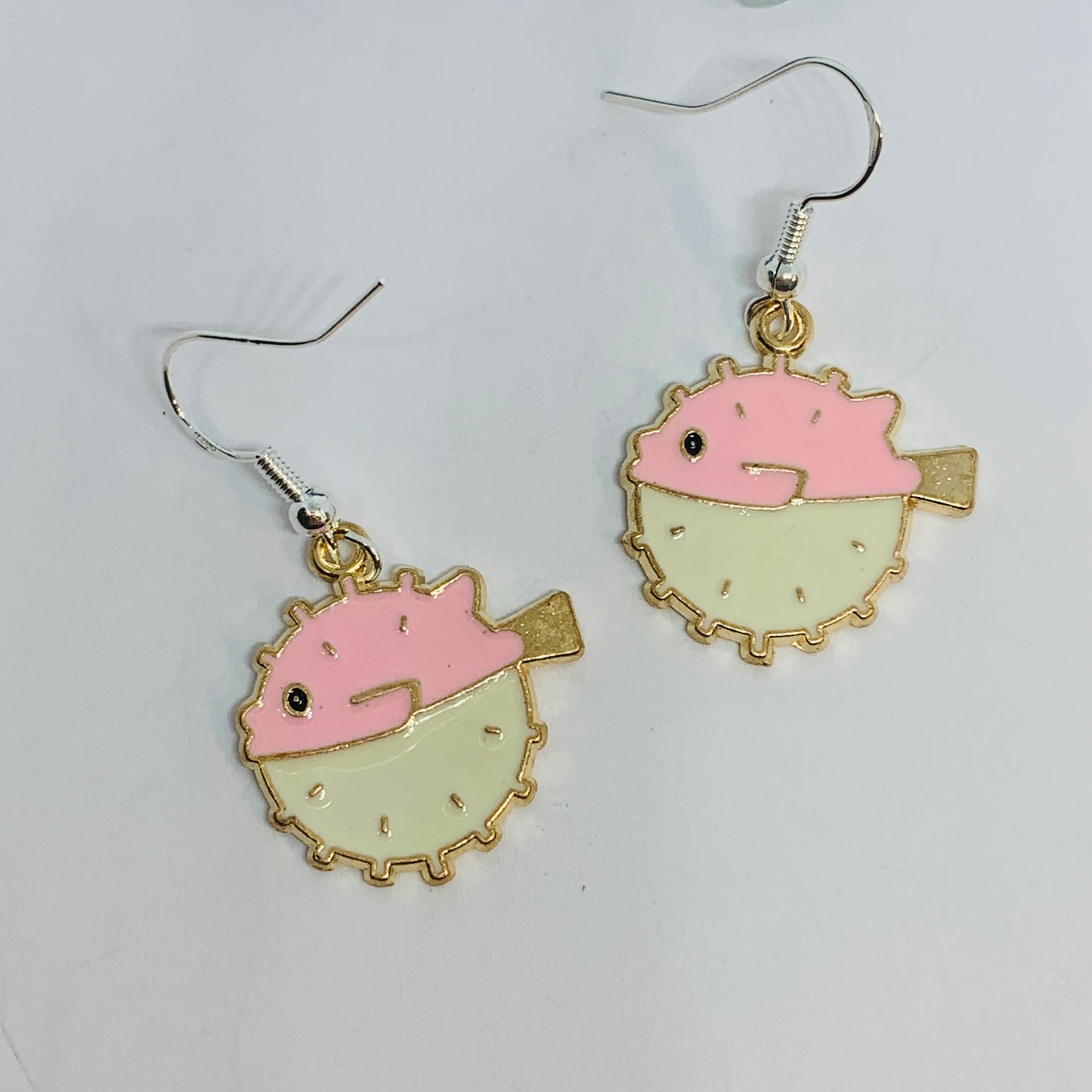 Blowfish Pink/Ivory Enamel Earrings with Silver Wires and Backs | Blow Fish Earrings | Gifts for Her | Fish Earrings | Under the Sea Fun Earrings
