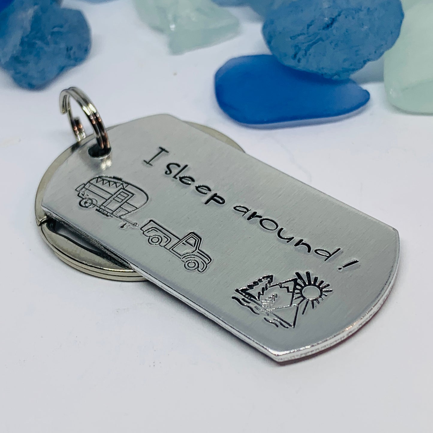 I Sleep Around Camping Fun Keyring | Hand Stamped Metal Keyring | Humorous Gift for Outdoors Lovers | Hikers Keychain Gift | Camper’s Life Gift Idea