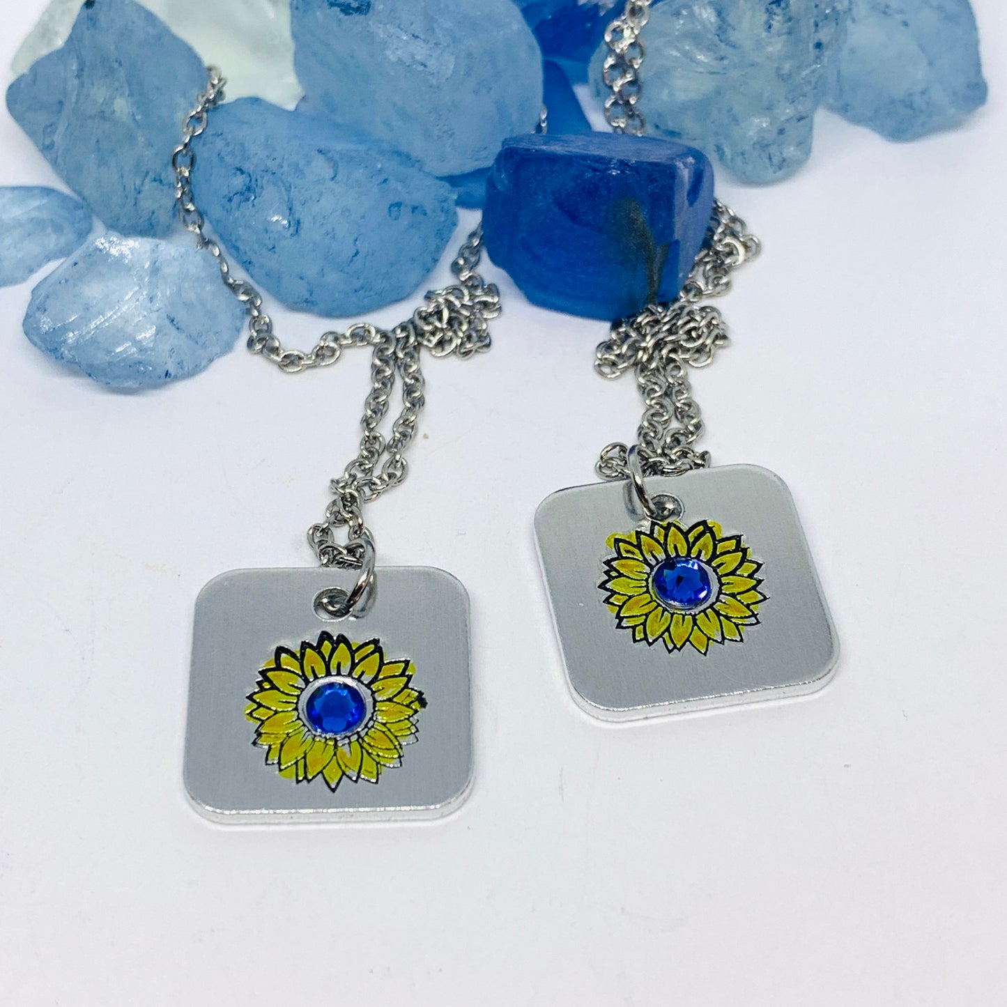 Sunflower - Hand Stamped Necklace | Hand-painted Ukrainian Sunflower Designs | Sunflower Peace | No War | Swarovski Crystal | Solidarity
