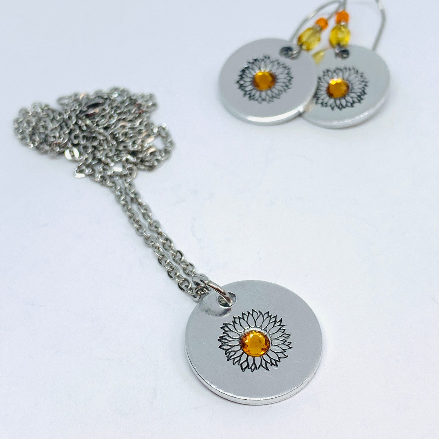Sunflower - Hand Stamped Necklace | Hand-painted Ukrainian Sunflower Designs | Sunflower Peace | No War | Swarovski Crystal | Solidarity