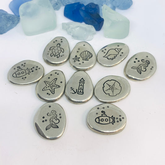 Beach Themed Pewter Pocket Pebble | Worry Stone | Ease Anxiety | Sea Shells Mermaid