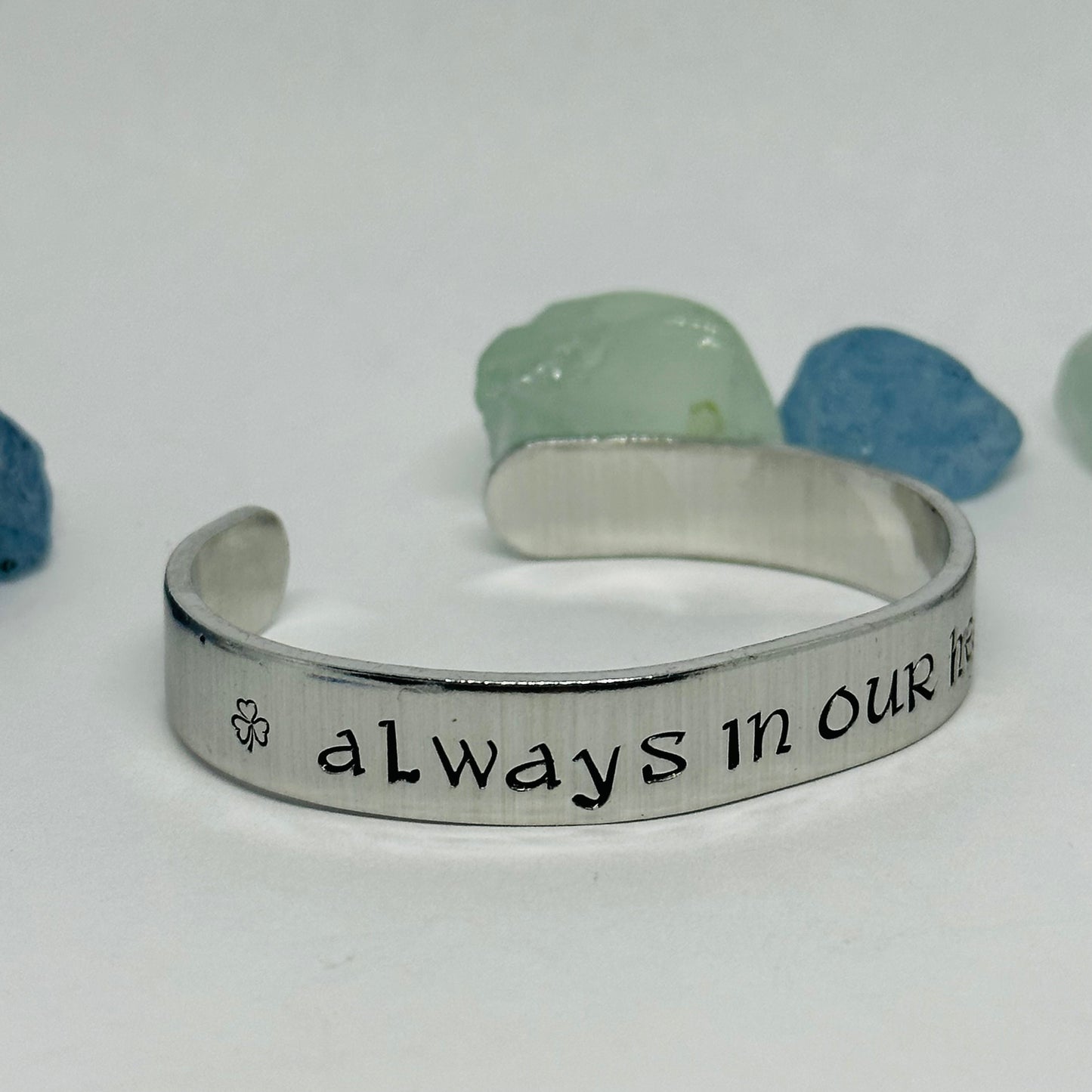 ☘️ Always in our Hearts ☘️ Hand Stamped Cuff Bracelet | Personalized Gaelic | St. Patrick’s Day | Custom Jewelry | Shamrock Celtic Hearts