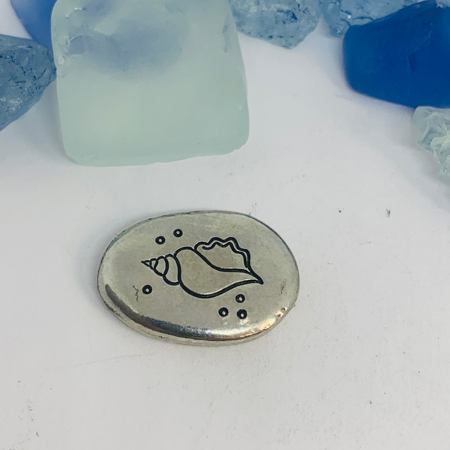 Beach Themed Pewter Pocket Pebble | Worry Stone | Ease Anxiety | Sea Shells Mermaid