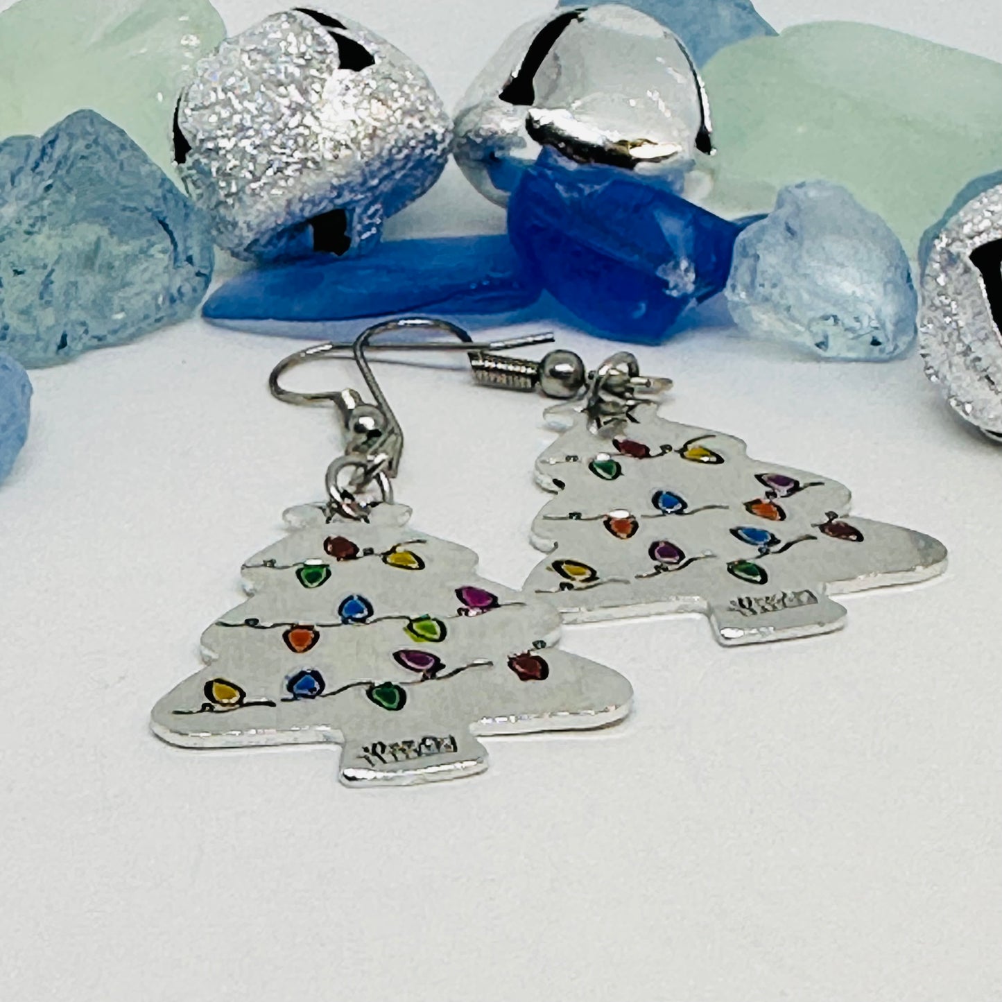 Hand Stamped Christmas Tree Earrings | Painted Christmas Tree Light Bulbs | Gifts for Her | Fun Holiday Earrings | Holiday Jewelry | Funky