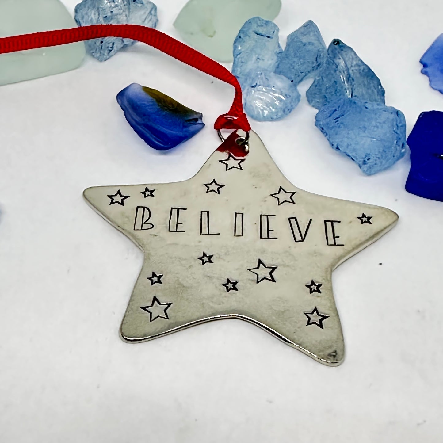 BELIEVE - Hand Stamped Pewter Star-Shaped Ornament | Christmas Tree Ornament | Hand Stamped Star Ornament