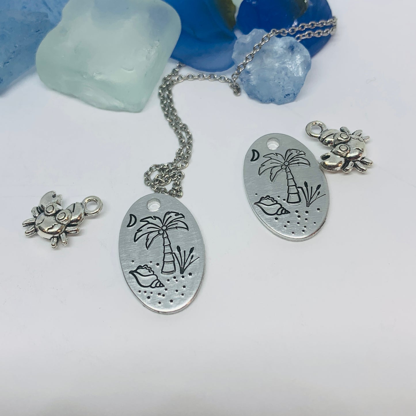 Beach Scene - Hand Stamped Necklace | Tropical | Vacation Jewelry | Crab Charm | Palm Trees Sand Shells Crescent Moon | Cruise | South Carolina