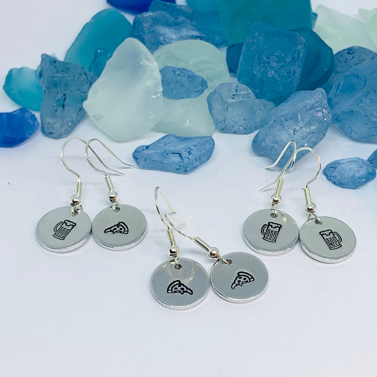 Hand Stamped Pizza and/or Beer Silver Wire Earrings with Backs | Hand Stamped Metal Pizza & Beer Design Earrings | Gifts for Her | Fun Earrings