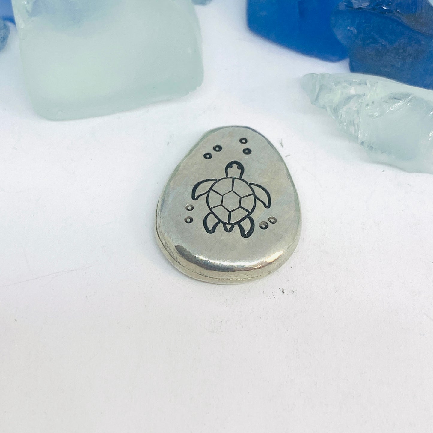 Beach Themed Pewter Pocket Pebble | Worry Stone | Ease Anxiety | Sea Shells Mermaid