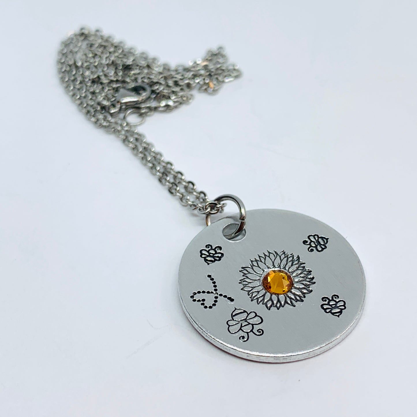 Sunflower and Bumblebees with Swarovski Crystal - Hand Stamped Necklace