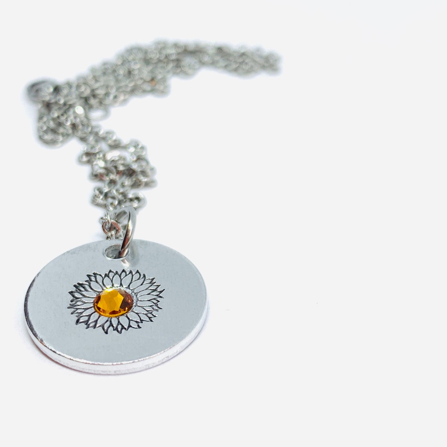 Sunflower - Hand Stamped Necklace | Hand-painted Ukrainian Sunflower Designs | Sunflower Peace | No War | Swarovski Crystal | Solidarity
