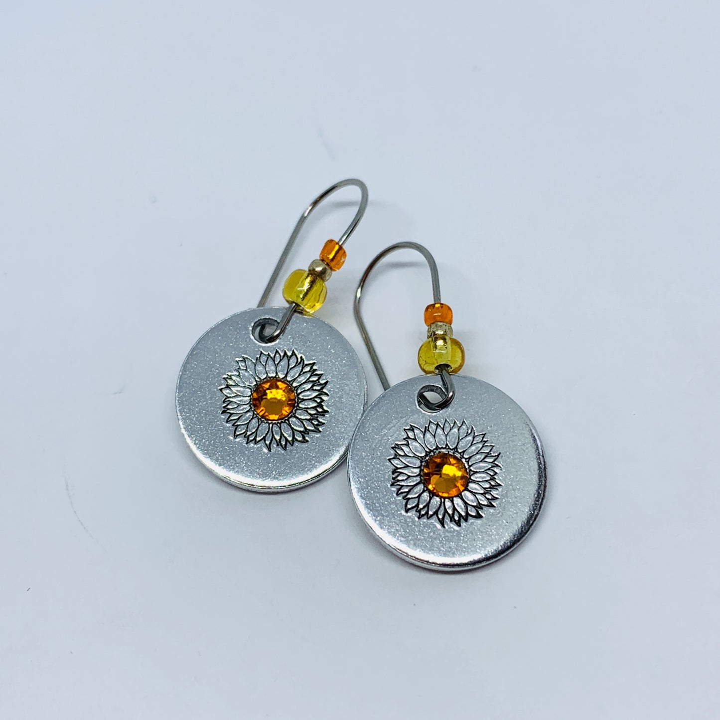 Sunflowers with Swarovski Crystals - Hand Stamped Earrings