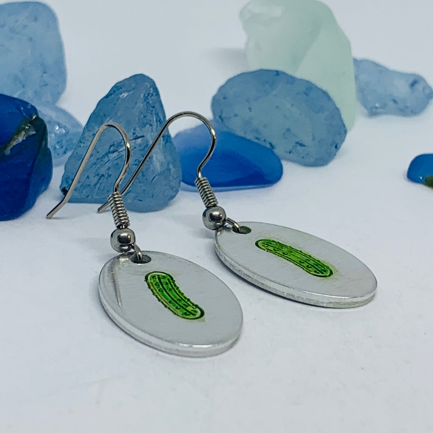 Pickles Hand Stamped & Painted Oval Drop Earrings | Green Pickles on Surgical Steel Ear Wires | Pickle Fest | Picklelicious