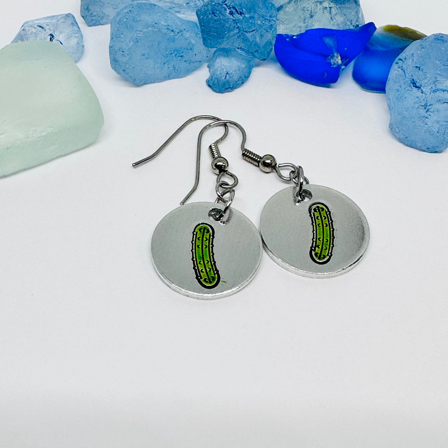 Pickles Hand Stamped & Painted Oval Drop Earrings | Green Pickles on Surgical Steel Ear Wires | Pickle Fest | Picklelicious
