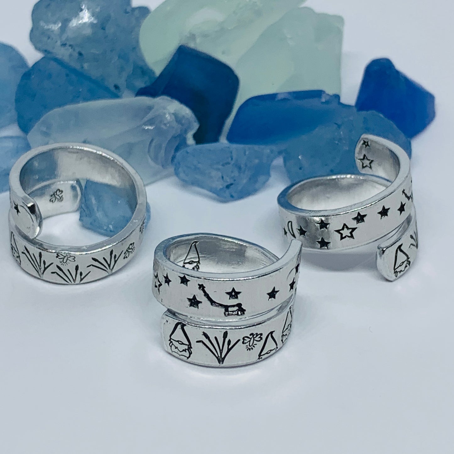 Gnome Garden Hand Stamped Wrap Ring | Gnome Ring | Garden Grass Gnome Firefly Ring | Moons Stars Gnomes Bees Grasses Fireflies | Fantasy
