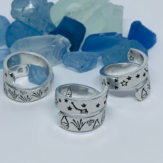 Gnome Garden Hand Stamped Wrap Ring | Gnome Ring | Garden Grass Gnome Firefly Ring | Moons Stars Gnomes Bees Grasses Fireflies | Fantasy