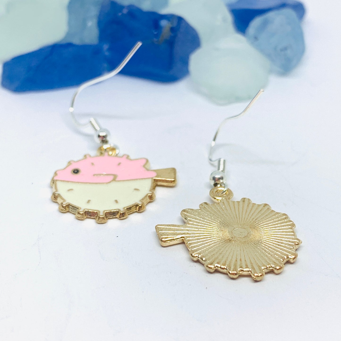 Blowfish Pink/Ivory Enamel Earrings with Silver Wires and Backs | Blow Fish Earrings | Gifts for Her | Fish Earrings | Under the Sea Fun Earrings