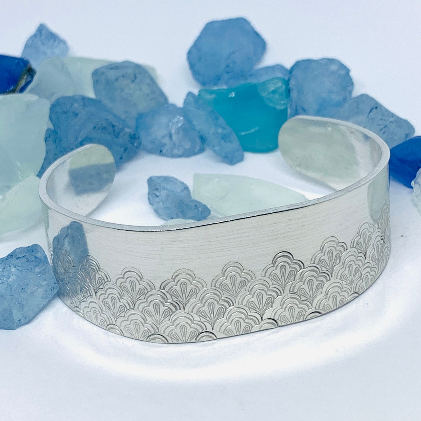 Scalloped Fan Tapered Partial Hand Stamped Cuff Bracelet | Vintage Design