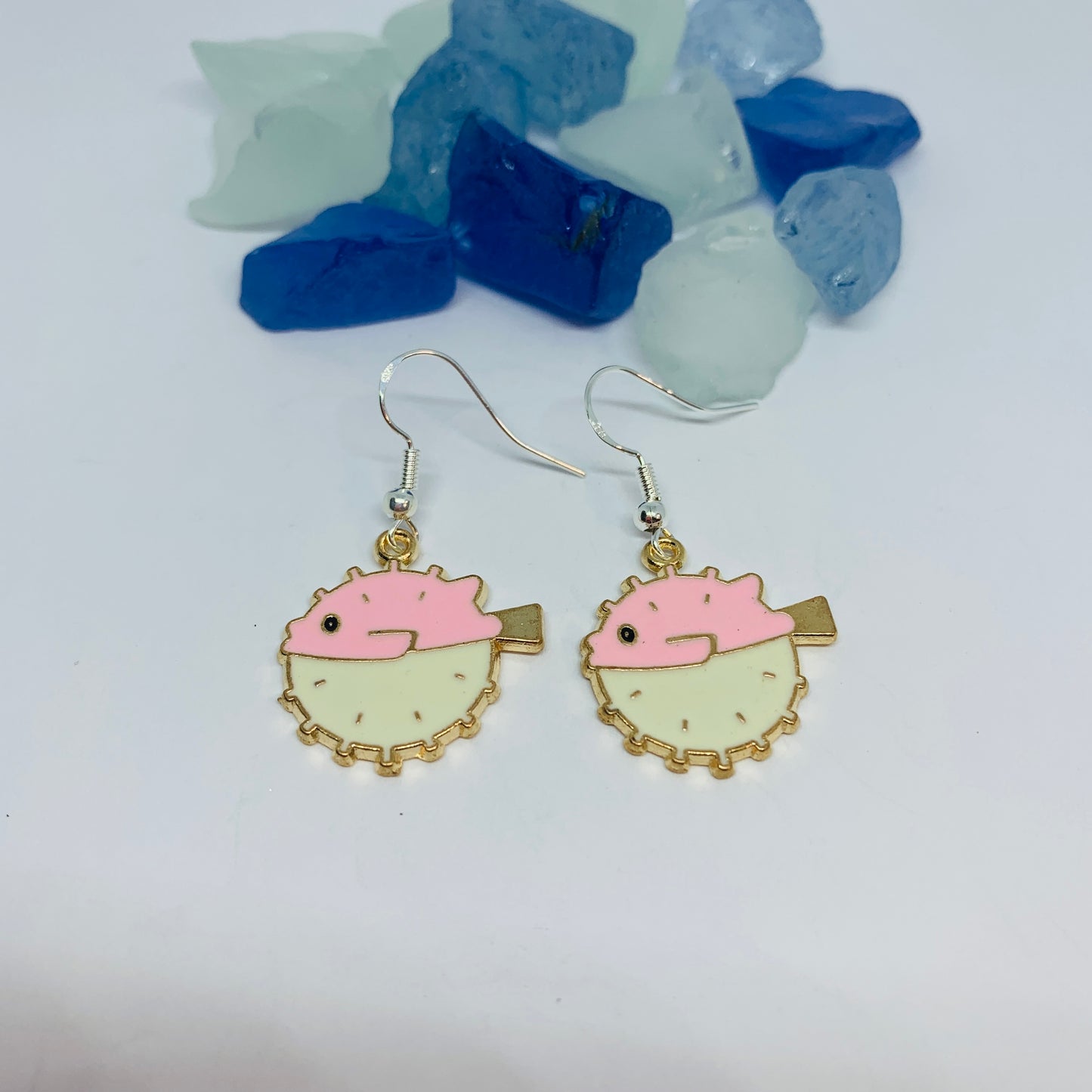 Blowfish Pink/Ivory Enamel Earrings with Silver Wires and Backs | Blow Fish Earrings | Gifts for Her | Fish Earrings | Under the Sea Fun Earrings