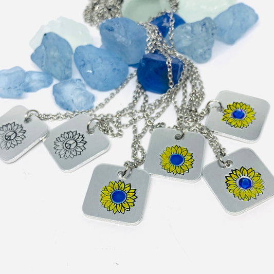 Sunflower - Hand Stamped Necklace | Hand-painted Ukrainian Sunflower Designs | Sunflower Peace | No War | Swarovski Crystal | Solidarity