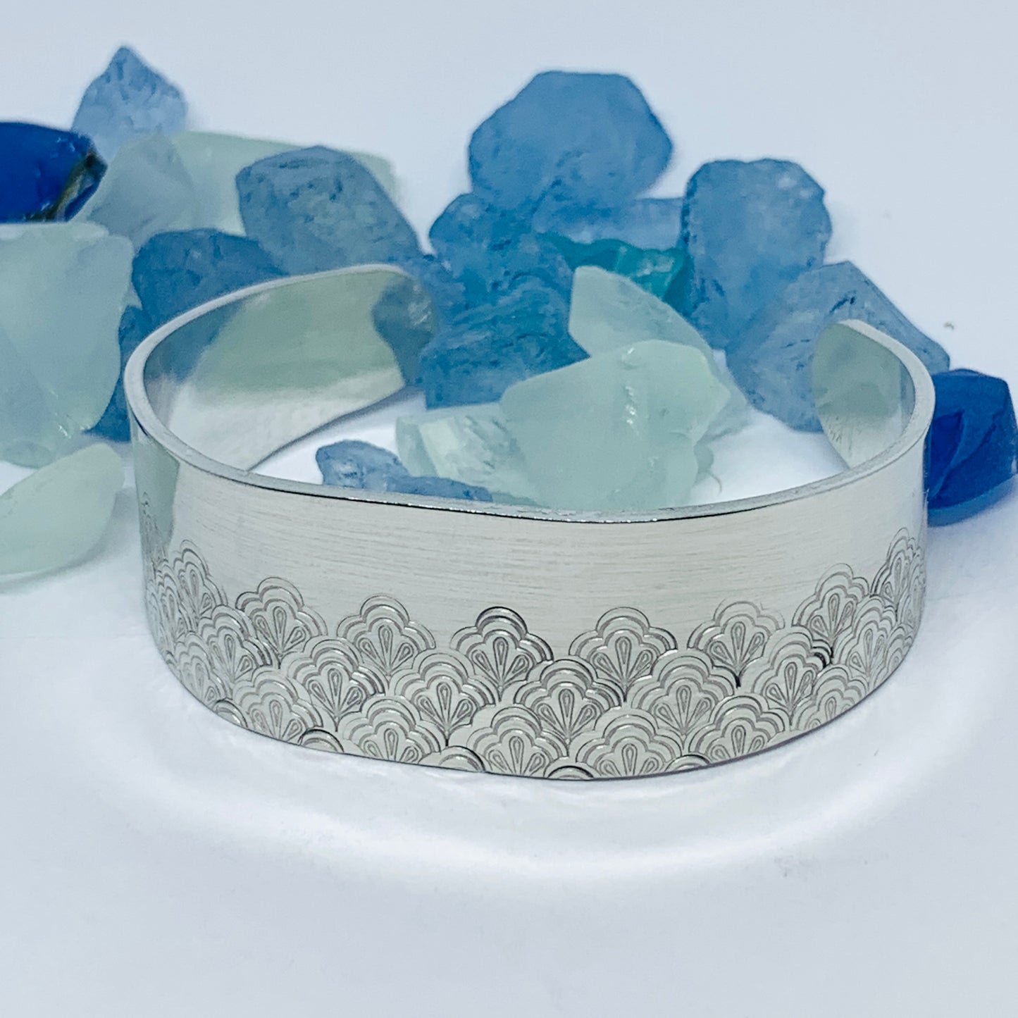 Scalloped Fan Tapered Partial Hand Stamped Cuff Bracelet | Vintage Design