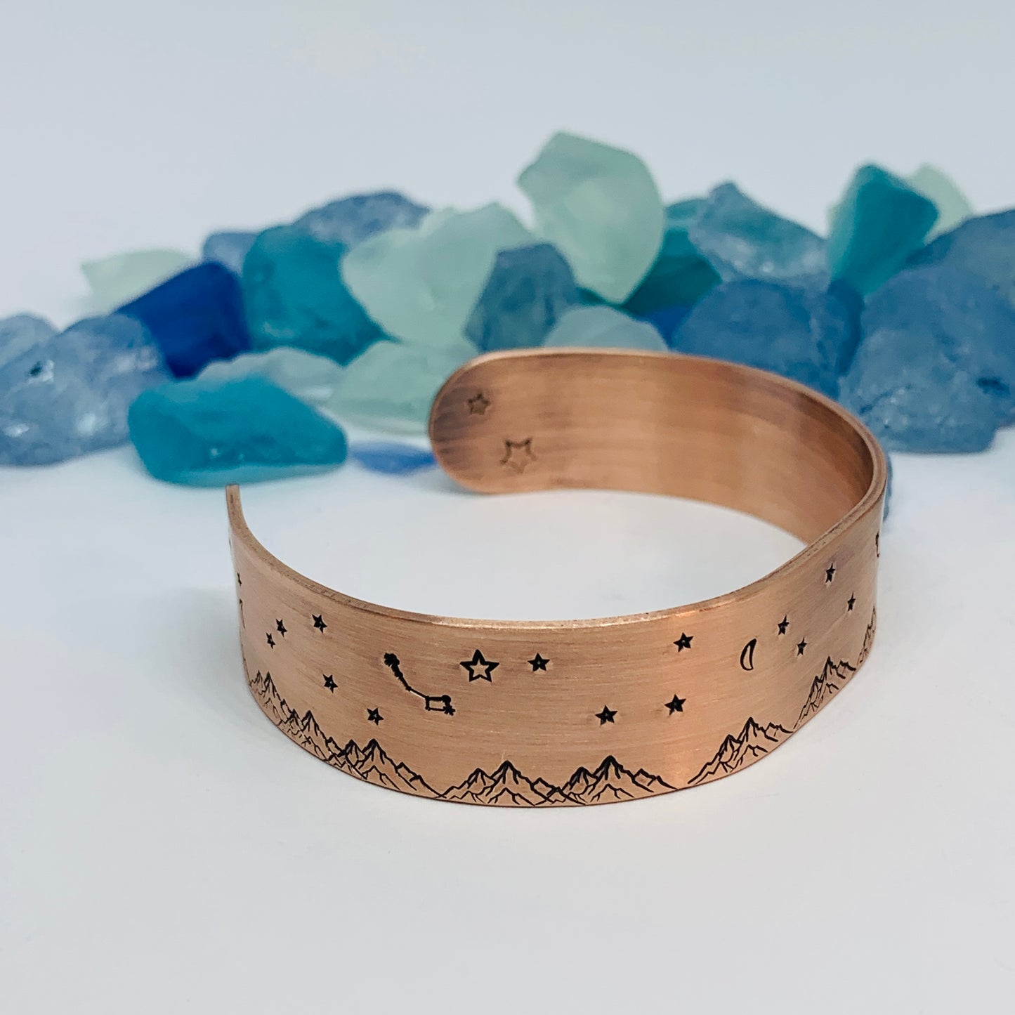 Hand Stamped Copper Mountainscape Cuff Bracelet | Mountains Stars Moons Dipper | Gift for Her | Copper Patina