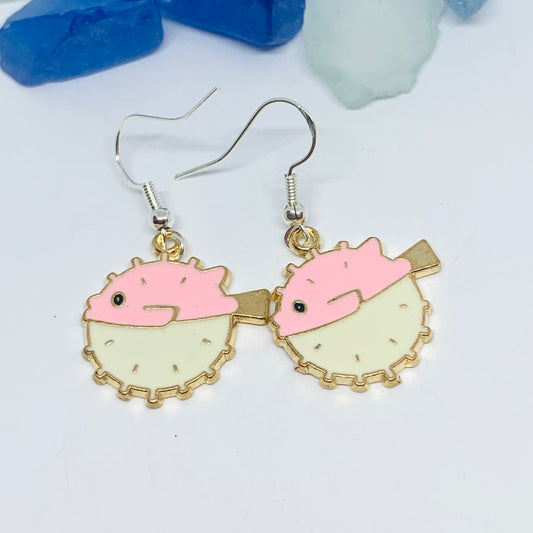 Blowfish Pink/Ivory Enamel Earrings with Silver Wires and Backs | Blow Fish Earrings | Gifts for Her | Fish Earrings | Under the Sea Fun Earrings