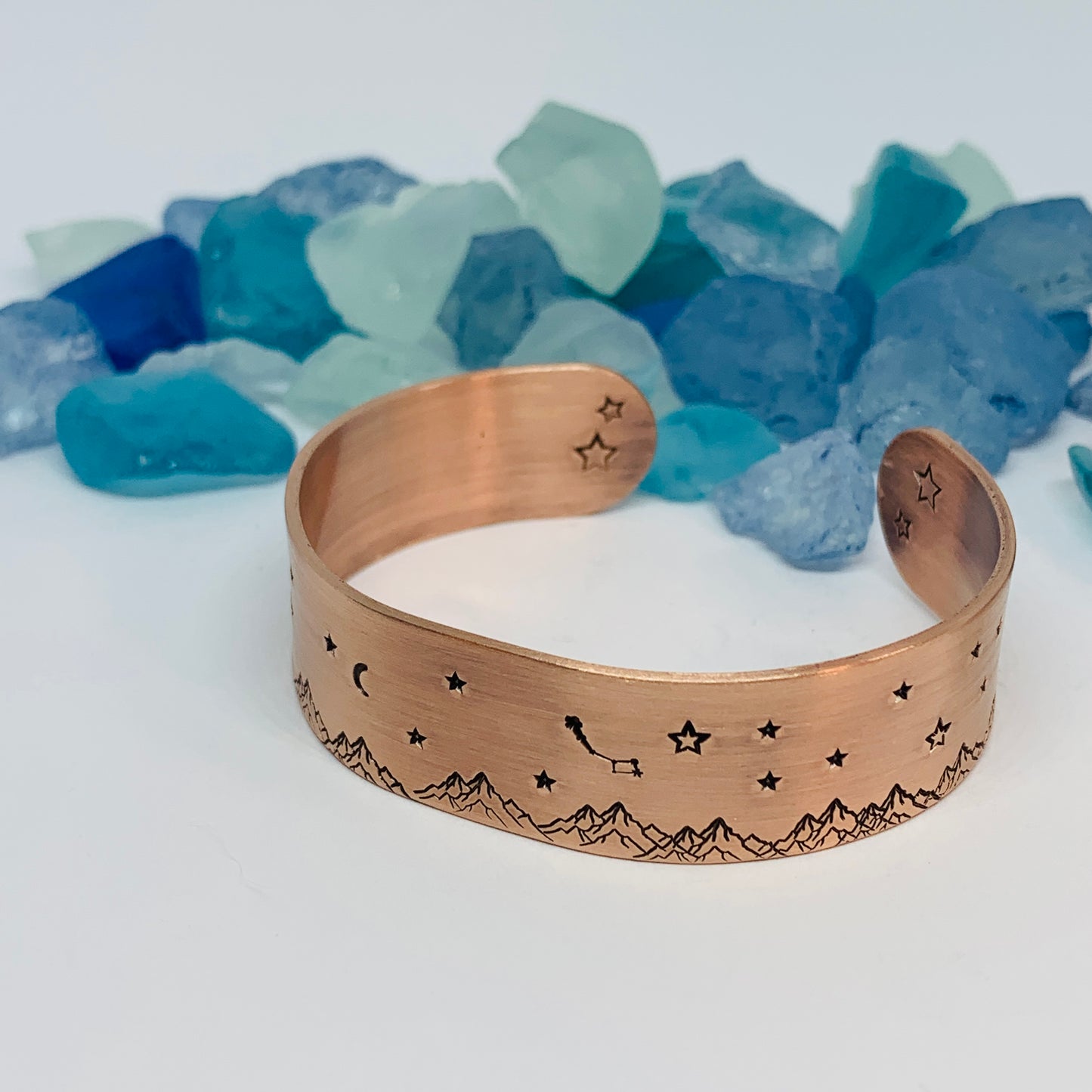Hand Stamped Copper Mountainscape Cuff Bracelet | Mountains Stars Moons Dipper | Gift for Her | Copper Patina