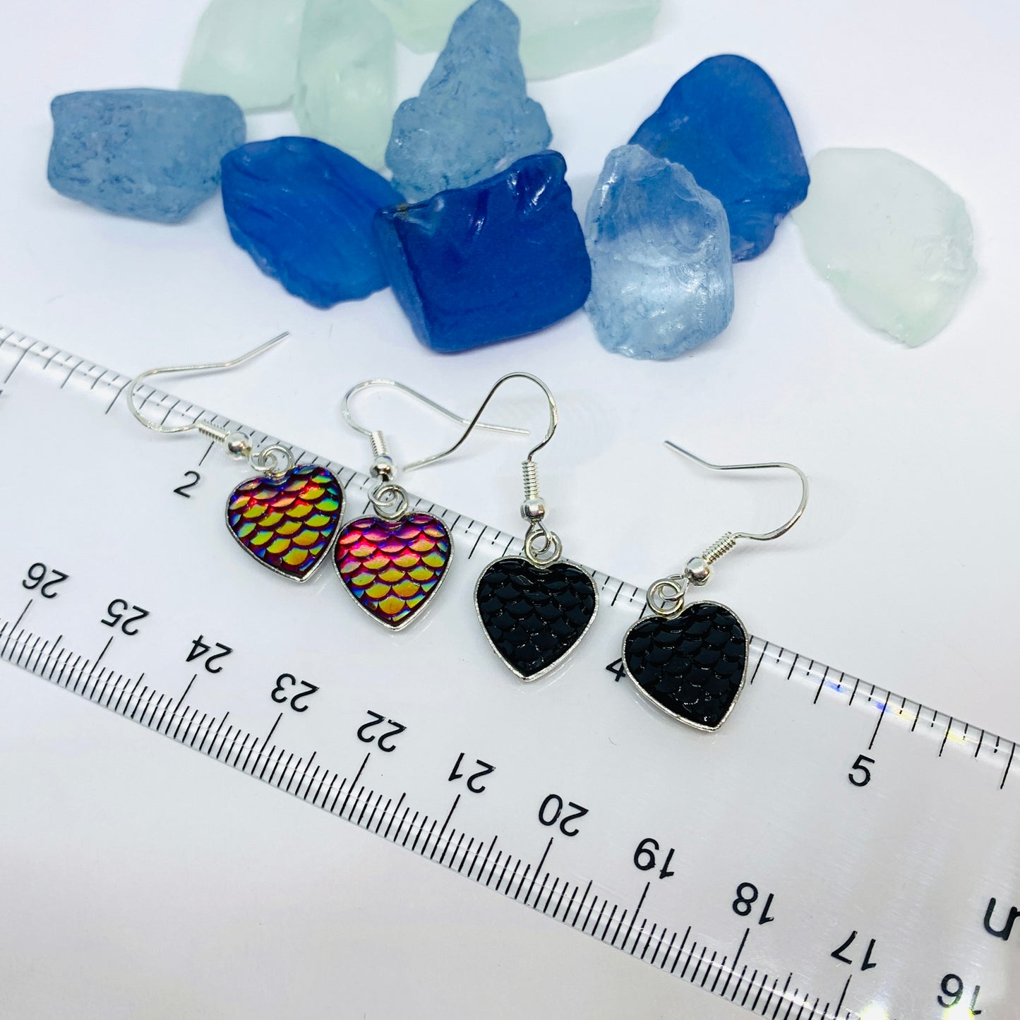 Mermaid Scales Heart Silver Wire Earrings with Backs | Rainbow Heart Love Earrings | Gifts for Her | Black Heart Earrings | Rainbow Baby