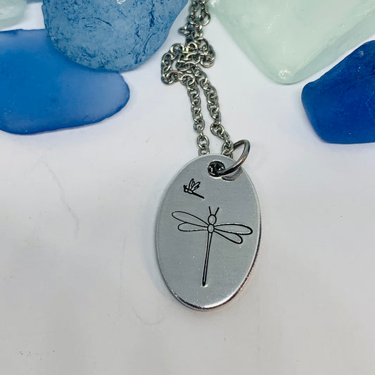 Dragonflies Hand Stamped Necklace | Dragonflies/Damselflies Oval Necklace | Gift for Her | Simple Gift | Odonata, Infraorder Anisoptera