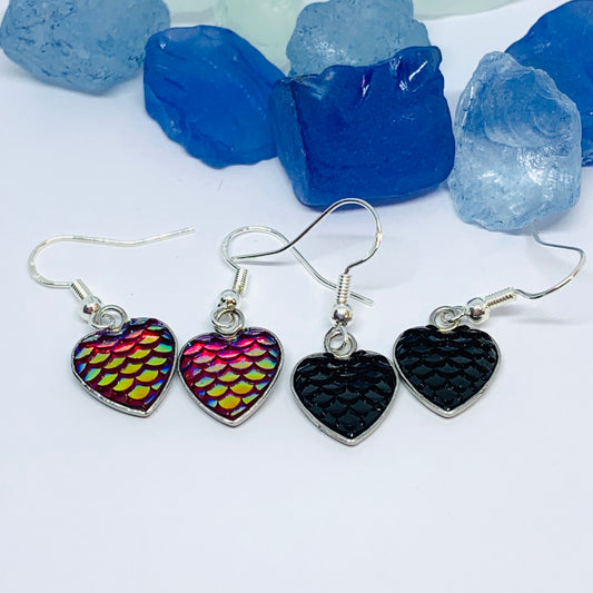 Mermaid Scales Heart Silver Wire Earrings with Backs | Rainbow Heart Love Earrings | Gifts for Her | Black Heart Earrings | Rainbow Baby