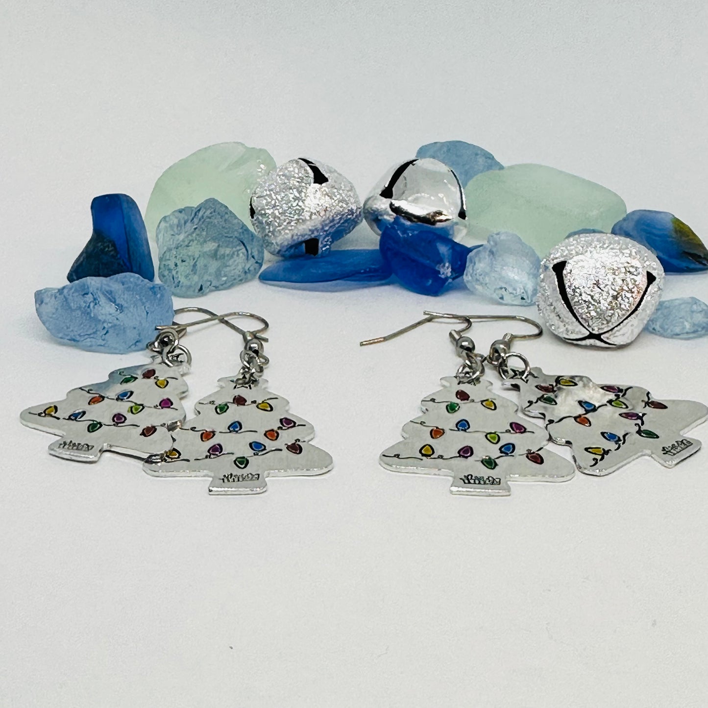 Hand Stamped Christmas Tree Earrings | Painted Christmas Tree Light Bulbs | Gifts for Her | Fun Holiday Earrings | Holiday Jewelry | Funky