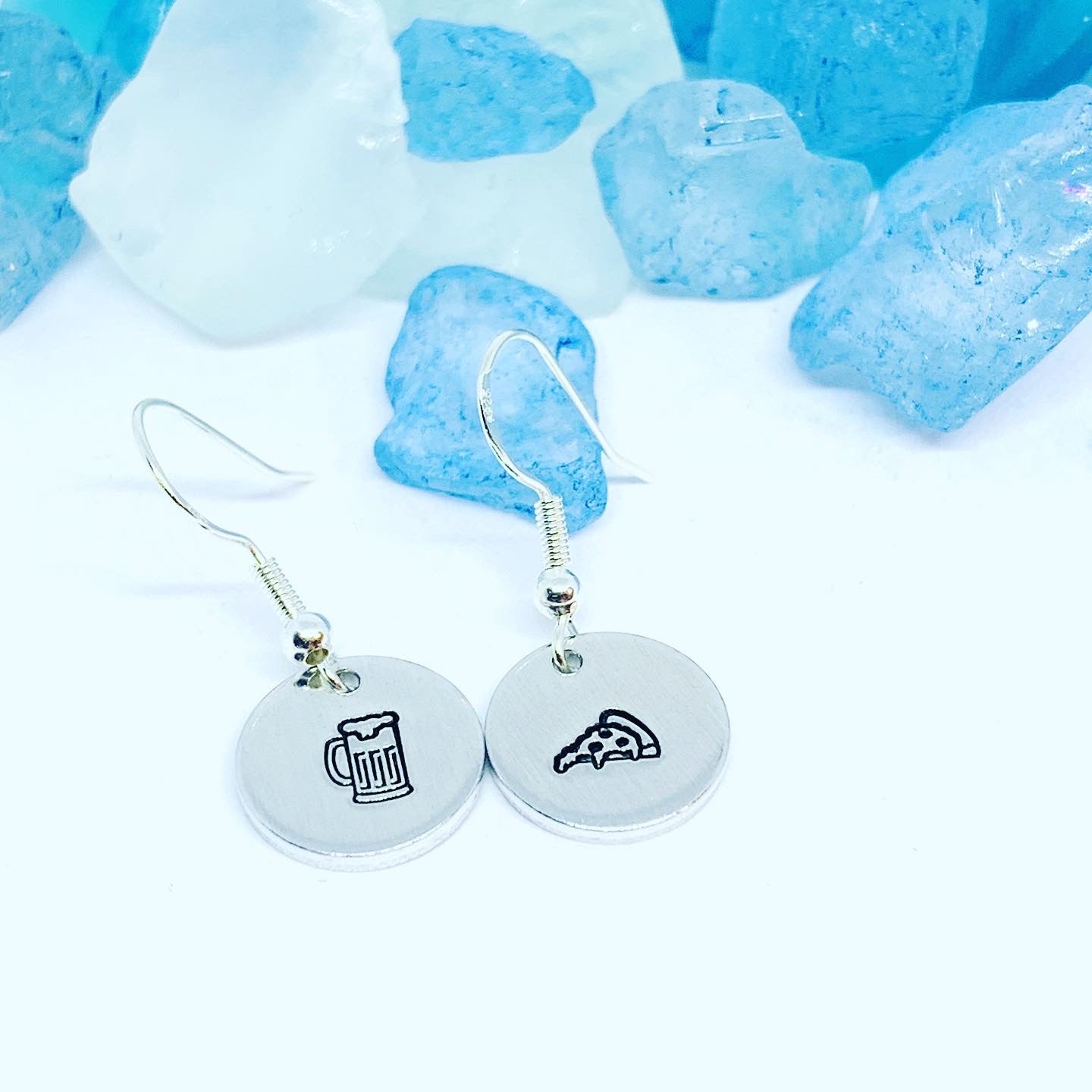 Hand Stamped Pizza and/or Beer Silver Wire Earrings with Backs | Hand Stamped Metal Pizza & Beer Design Earrings | Gifts for Her | Fun Earrings