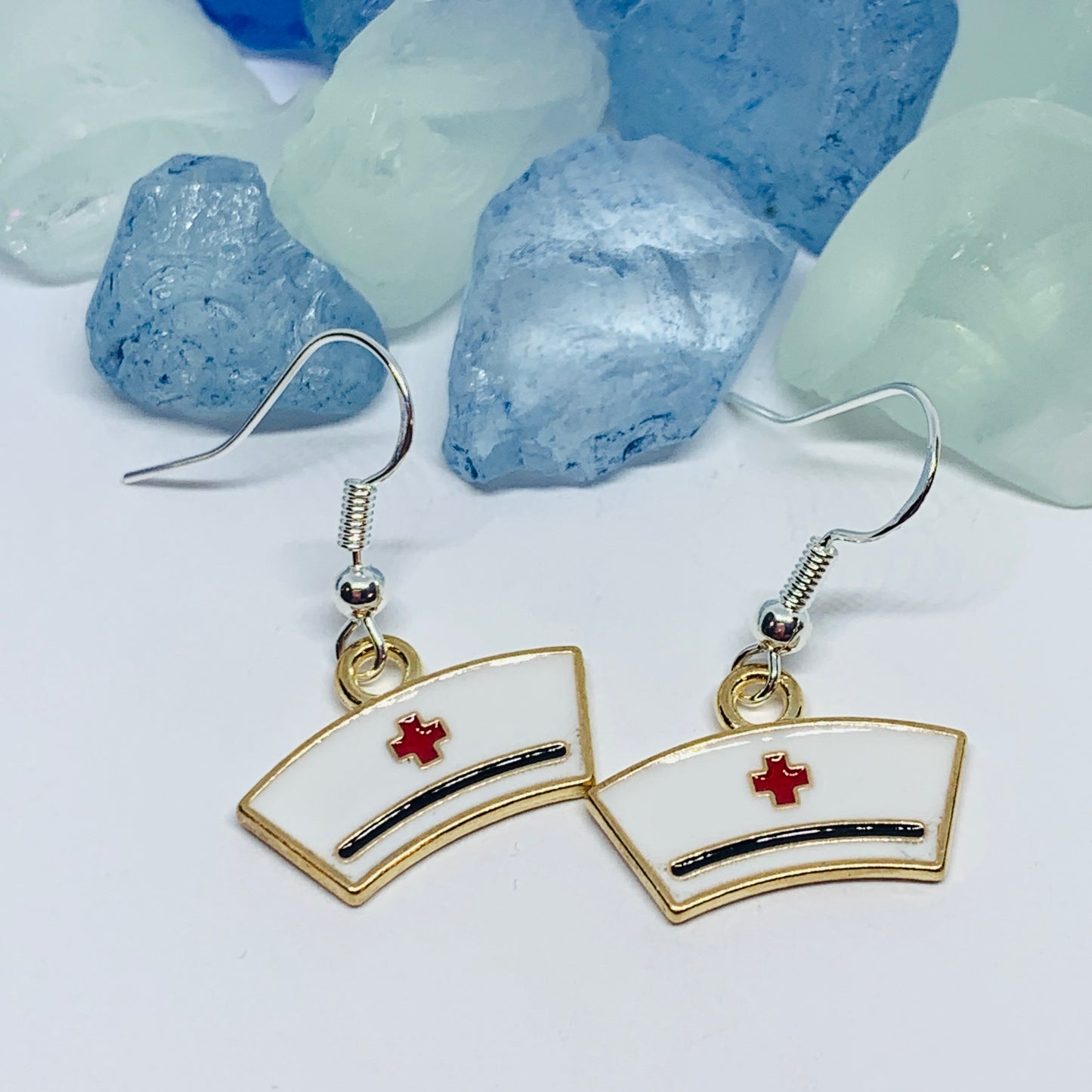 Nurse Cap Enamel Earrings with Silver Wires and Backs | Healthcare Hero Earrings | Gifts for Her | Nurse Earrings