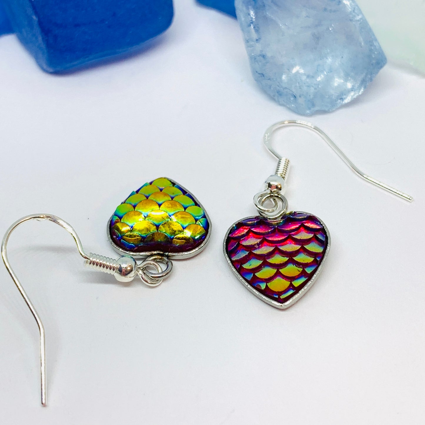 Mermaid Scales Heart Silver Wire Earrings with Backs | Rainbow Heart Love Earrings | Gifts for Her | Black Heart Earrings | Rainbow Baby