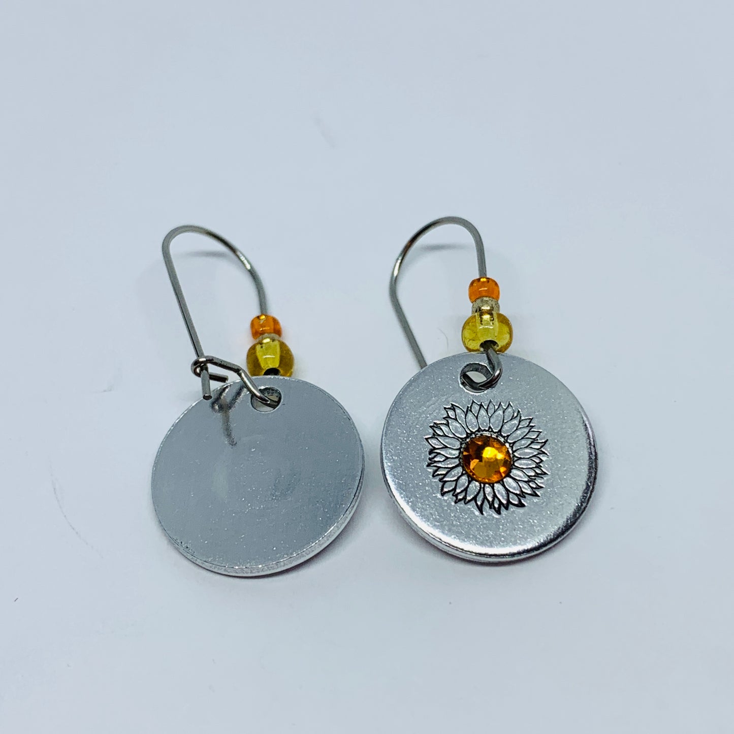 Sunflowers with Swarovski Crystals - Hand Stamped Earrings