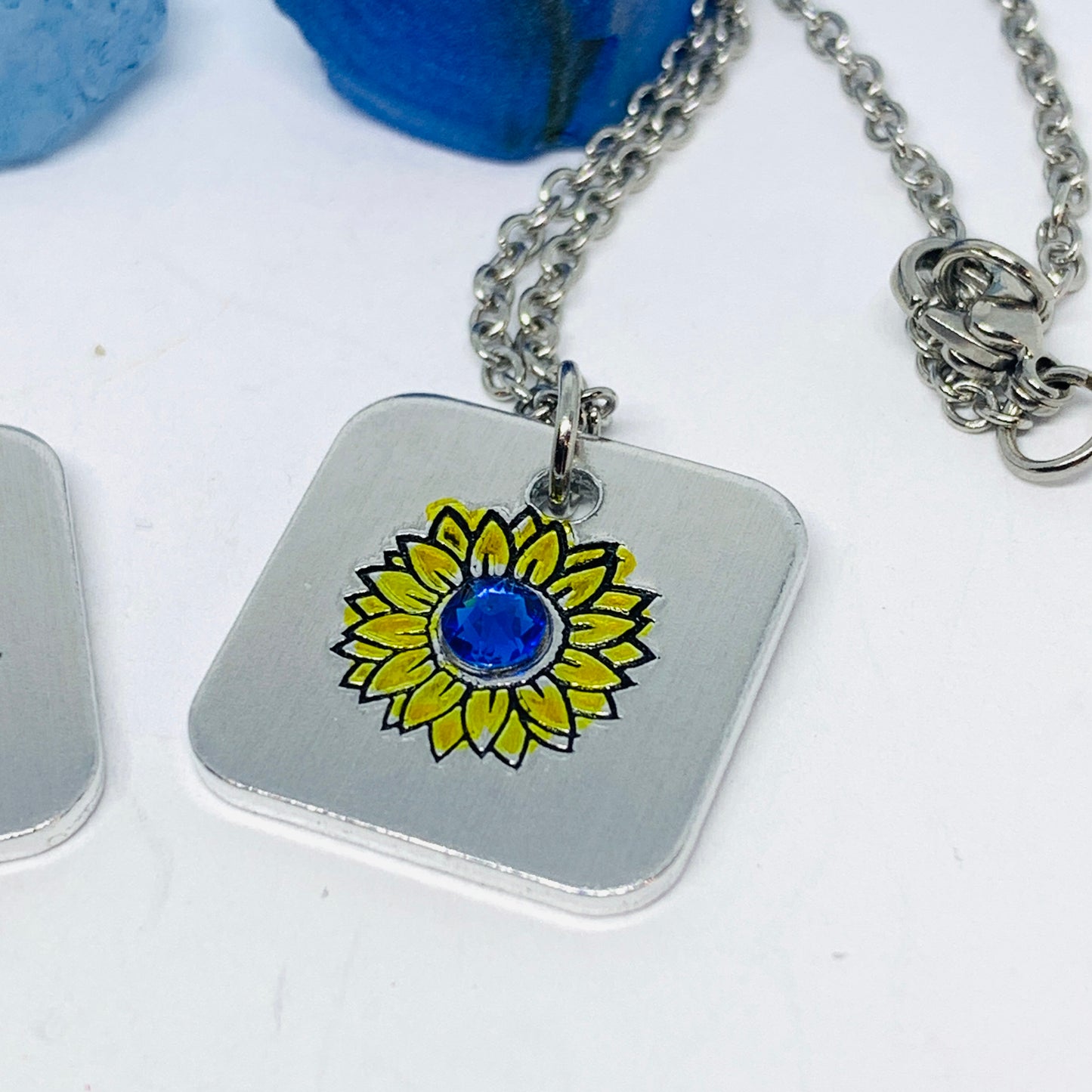 Sunflower - Hand Stamped Necklace | Hand-painted Ukrainian Sunflower Designs | Sunflower Peace | No War | Swarovski Crystal | Solidarity
