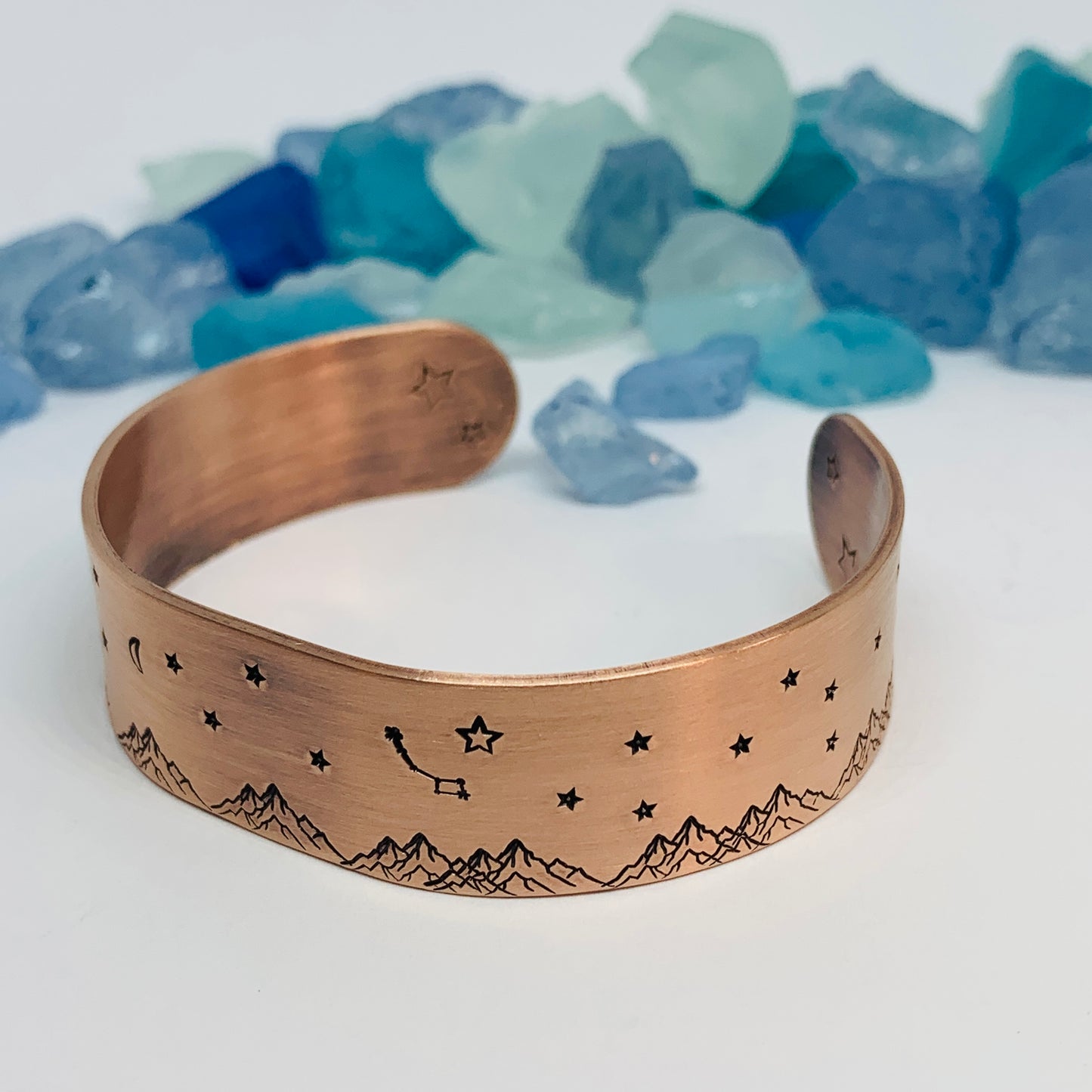 Hand Stamped Copper Mountainscape Cuff Bracelet | Mountains Stars Moons Dipper | Gift for Her | Copper Patina